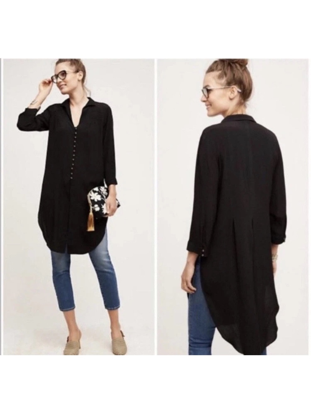 Maeve Black Long Button-Front Tunic Shirt Dress